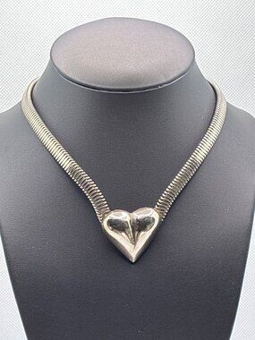 Silver tone Heart Pendant Choker Necklace With Coiled Metal Band Bold Statement